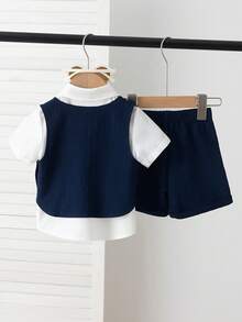 3件套幼儿男童绅士套装：背心、短裤、短袖衬衫配领结，适合生日派对、洗礼仪式、周岁生日庆祝、正式场合、演出和婚礼等场合。儿童服装，男婴套装，男童套装，婴儿男童套装。 - 藏蓝色 - 查看 3