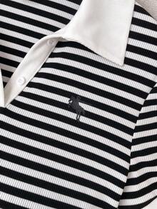少女黑白条纹针织Polo领修身连衣裙，休闲时尚，百搭，适合派对、郊游、姐妹合照、公园、露营、度假、日常休闲穿着 - 黑色 - 查看 4