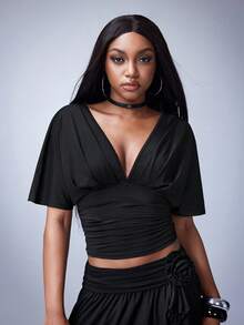 Y2Kool BiGraphic 女士纯色深V领褶皱蝙蝠袖短袖露脐上衣 - 黑色 - 查看 3