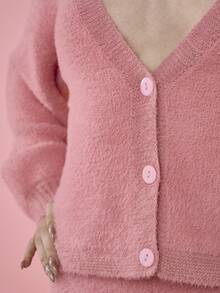OverBlushhh Women's Pink Soft Fluffy Cardigan Long Sleeve Button Front V Neck Loose Fit Cozy Warm, Casual Knit Top For Daily Wear, Homewear, Loungewear, Valentine, Winter, Spring - Pink - View 5