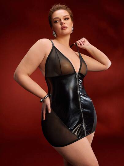 Plus Size Sexy Lace Patchwork Zipper Deep V PU Patchwork Personalized Charm Dress