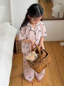DAZY Young Girl Bow Striped Short Sleeve Button-Up Top And Pants Pajama Set - Pink - View 2