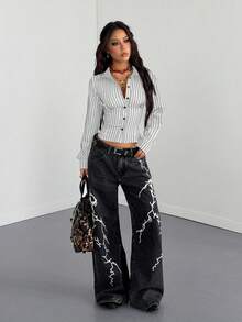 StreetHx Petite Streetwear Women's Striped Waist Cinching Long Sleeve Shirt White Blouse - White - View 4