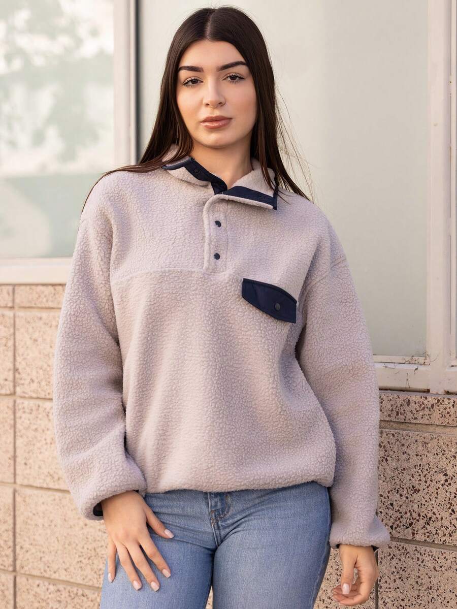 Andrea Bello Women's Casual Collared Half-Zip Sweatshirt, Autumn - Grey - View 1