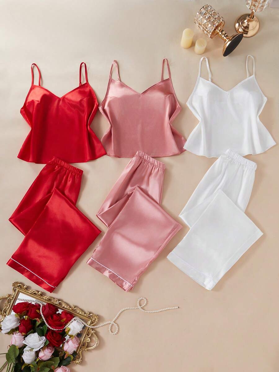 6pcs Solid Color Faux Silk Camisole & Pants Set - Multicolor - View 1