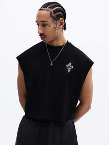 SUMWON Áo tank top không tay in hình chữ thập và bàn tay cầu nguyện, thiết kế lấy cảm hứng từ đức tin, cổ tròn, dáng regular fit, thích hợp cho mùa hè và mặc thường ngày. - màu đen - Xem 2