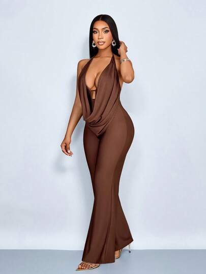 SOLERSUN Women's Plain Coffee Brown Jumpsuit With Cold Shoulder Halter Neck And Long Length For A Sexy Look Women's Jumpsuit, Sexy And Elegant, Suitable For Commuting, Simple Design, With A Ruffled Neck, Brown Knit Fabric, Spring/Summer Women's Wear, Beach Vacation, Date. Sleeveless Jumpsuit Brown Sexy Jumpsuit Brown Jumpsuit Brown Bodycon Jumpsuit Women's Plain Coffee Brown Jumpsuit With Cold Shoulder Halter Neck And Long Length For A Sexy Look
