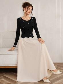 SHEIN LUNE Women's Knitted & Woven Fabric Round Neck Long Sleeve Fitted Waist Splice Mesh A-Line Dress,Black And Beige,Autumn,Elegant,Tea Party,Glamorous,Outing - Multicolor - View 4