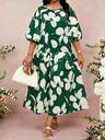 Fleurora Plus Size Women Floral Print Round Neck Lantern Sleeve Elegant Dress Valentine's Day Carnival Costume Floral Dress Vacation Outfits Women Beach Dress Green Floral Dress Women Green And White Dress Midi Dress With Sleeve Garden Party Dress Plus Size Dress Spring Outfit Women Green Dress Hibiscus Dress Casual Dresses For Women Spring Outfit Women