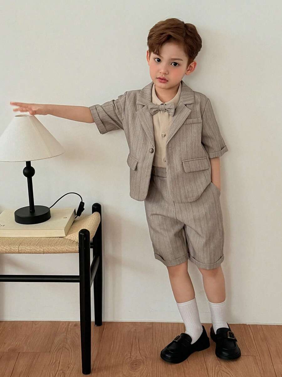 DAZY 男童条纹单排扣西装外套、短裤和领结套装 - 卡其色 - 查看 1