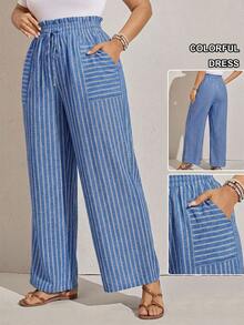 Zelara Plus Size Women's Valentine Striped Print Summer High Waist Loose Casual Pants With Pockets, Suitable For Fall And Autumn - Multicolor - View 8