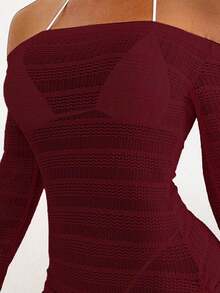 SHEIN X Sofía Suescun Swim SXY Đầm nữ mùa hè màu trơn, trễ vai, tay loe, có dây rút bên hông. - Màu Đỏ Sâu - Xem 4