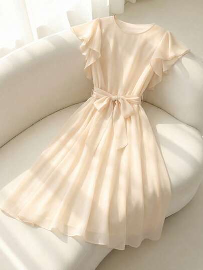 GlowEve Women's Elegant Solid Color Round Neck Ruffle Sleeve Dress, Summer