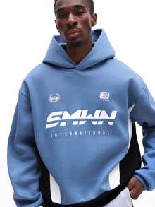 SUMWON Sudadera con capucha de corte recto para hombre con gran estampado de logo frontal y bolsillo central, ropa de calle casual - Multicolor - Ver 1