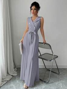 Selianne Women's Elegant Apricot Double-Breasted Design Pleated Jumpsuit, Spring/Autumn - Grey - View 6