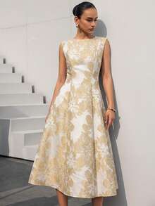 Aveloria Modichic New Elegant Dignified Elegant Women's Date High-End Luxury Minimalist Exquisite Jacquard Fabric Round Neck Sleeveless Waist Slimming Flared Dress - Apricot - View 6