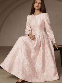 Aveloria Rosie Red & Black Contrast Color Jacquard Fabric Round Neck Waist Gathered Dress, Elegant Long Sleeve Women Dress - Pink - View 5