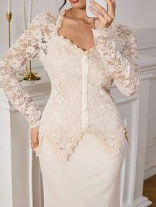 Modelyn Plus Size Women Square Neck Lace Patchwork Button Waist Bodycon Dress - Apricot - View 1