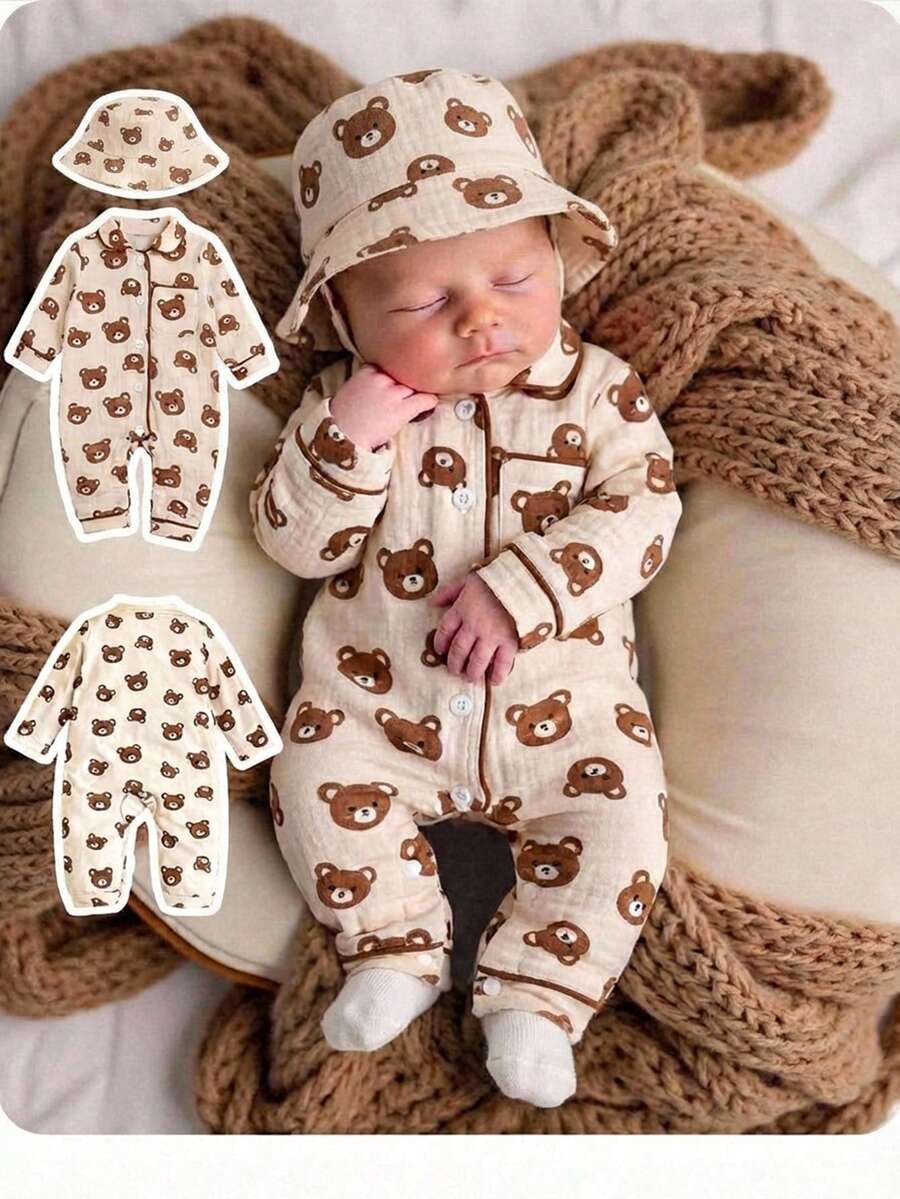 Newborn Baby Girl Casual Cute Cartoon Pattern Color Block Long Sleeve Romper Newborn Layette Set Newborn Baby Pajamas Woodland Baby Clothes Baby Bear Outfit Baby Bear Romper - Khaki - View 1