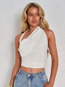 Glamine Blusa blanca elegante de mujer con volantes asimétricos sin mangas, adecuada para vacaciones - Blanco - Ver 4