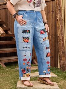 Plus Size Women Casual Comfortable Mid-Blue Printed Jeans - Medium Wash - View 4