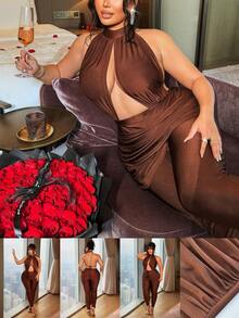 NU&NOW Plus Size Women's Sexy Hollow Pleated Backless Halter Jumpsuit, Valentine's Day - Brown - View 4