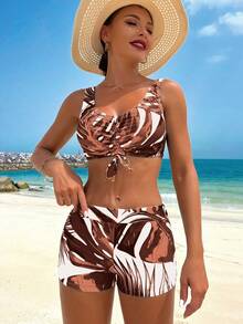 Swim Lushoire Trang phục mùa hè cho nữ: Bộ bikini in họa tiết cây nhiệt đới với quần short buộc dây phía trước và áo khoác kimono dài tay cho kỳ nghỉ hè. - Nhiều màu - Xem 3