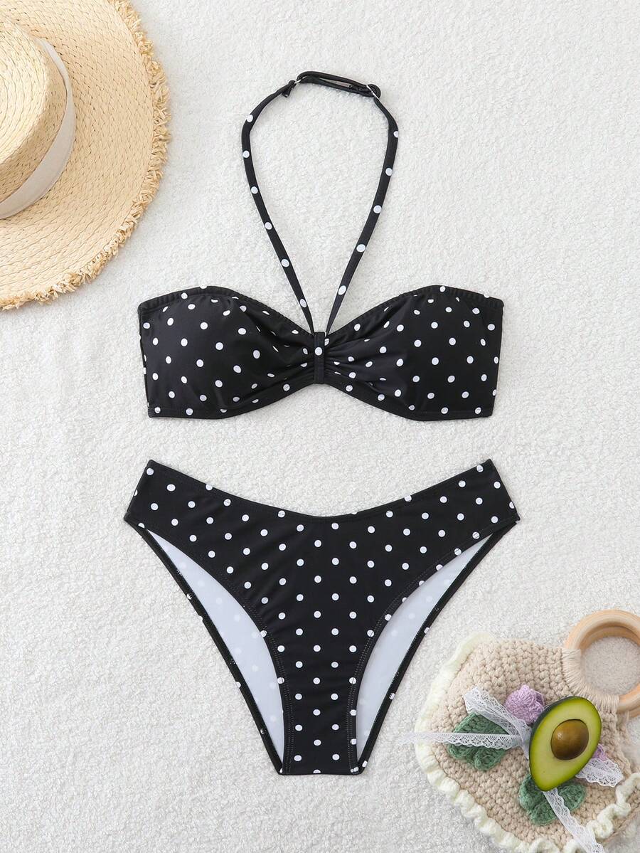 SHEIN Tween Girls' Polka Dot Print Camisole Bikini Set, Summer Beach Vacation - Black and White - View 1