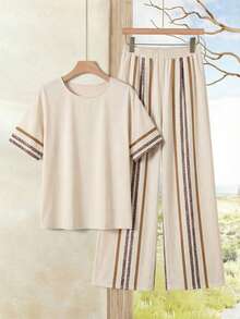 EMERY ROSE Women's Striped Print Round Neck Short Sleeve Top And Elastic Waist Pants Casual 2 Pieces Set Spring Outfit Women  Summer Outfits For Women Summer Vacation Outfits Casual Sets For Women Casual Outfit For Women   Casual Sets For Women  Summer Holiday Outfits Holiday Outfits  Vacation Outfits For Women Striped Two Piece Set Beige Two Piece Set Casual Two Piece Set Two Piece Set Women Summer Linen Two Piece Set - Multicolor - View 3