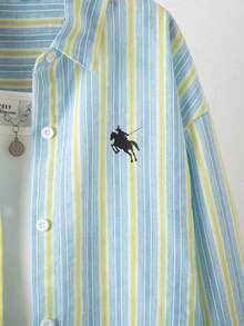 SHEIN Áo sơ mi bé gái - Áo sơ mi dài tay cài cúc kẻ sọc xanh nhạt và vàng thời trang thường ngày cho bé gái tuổi teen, thích hợp cho mùa xuân và mùa thu, 100% cotton, kiểu polo thêu, thoáng khí, mềm mại, lý tưởng cho đi học hàng ngày và những buổi đi chơi thường ngày. - màu xanh lá - Xem 4