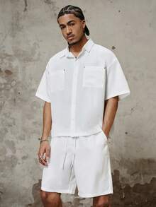 PAVTROS Men's Loose Fit All White Utility Short Sleeve Shirt & Shorts Set,Linen Two Piece Vacation Set With Dual Pockets,Summer Casual Beach Co Ords - White - View 1