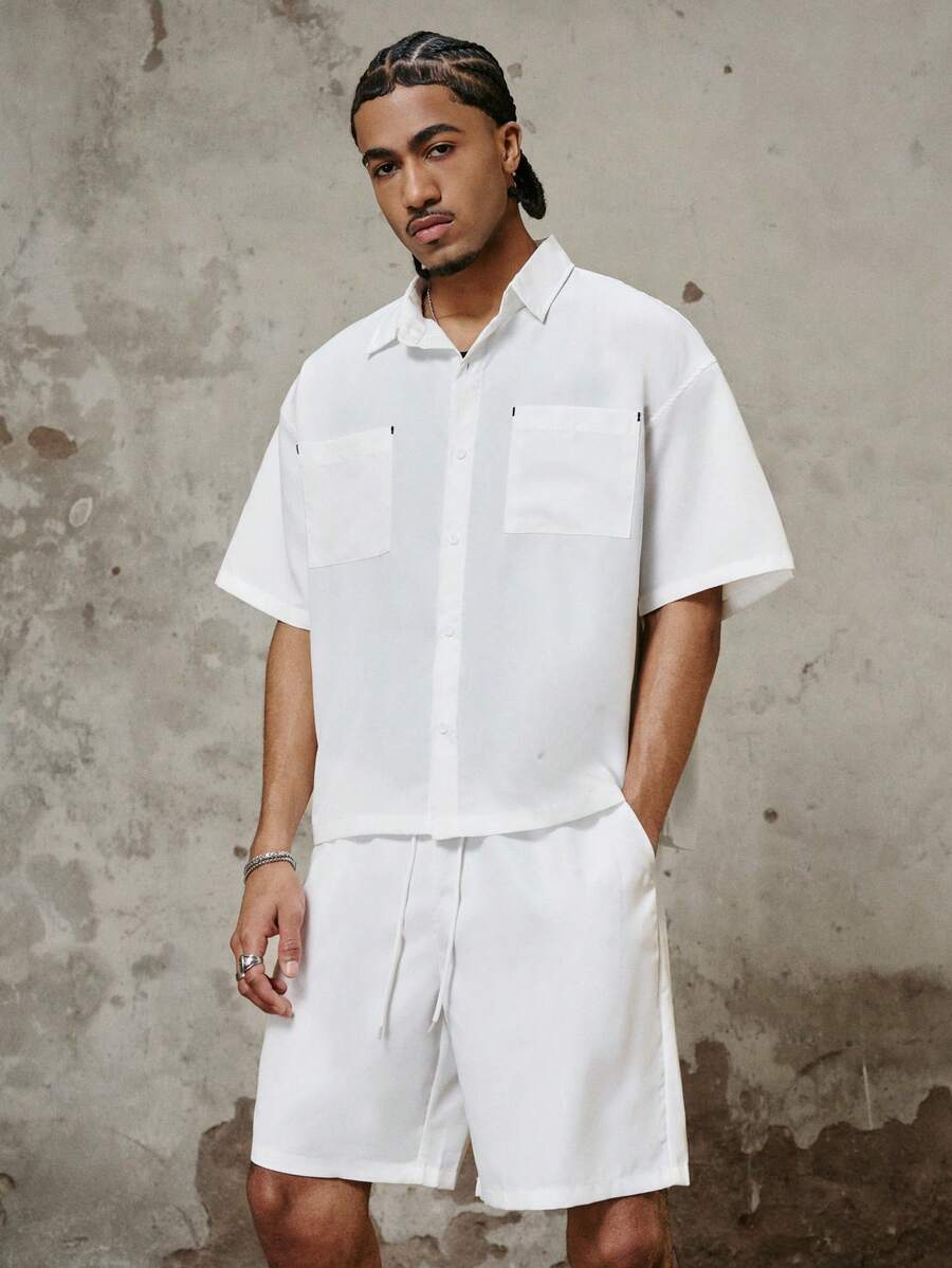 PAVTROS Men's Loose Fit All White Utility Short Sleeve Shirt & Shorts Set,Linen Two Piece Vacation Set With Dual Pockets,Summer Casual Beach Co Ords - White - View 1