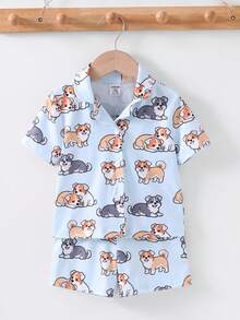 Bộ đồ ngủ ngắn tay cổ bẻ họa tiết chú chó con màu xanh hoạt hình dễ thương cho bé trai. - Màu xanh nhạt - Xem 3