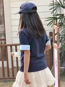 DAZY 少女休闲日常通勤上学风蝴蝶结刺绣撞色滚边短袖Polo衫，夏季 - 藏蓝色 - 查看 2