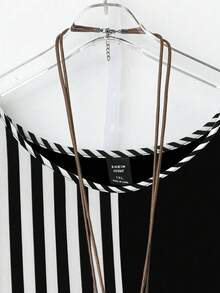GlowEve CURVE Plus Size Summer Casual Striped Patchwork Curved Hem Dress - Black and White - View 5