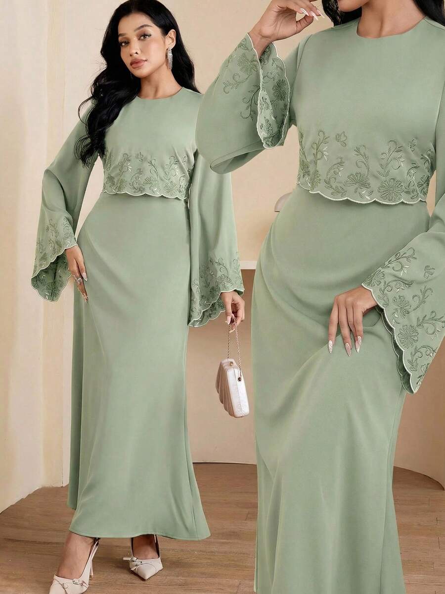Veilorie Đầm nữ thanh lịch, kín đáo, thêu hoa, tay loe kiểu Ả Rập. - màu xanh lá - Xem 1