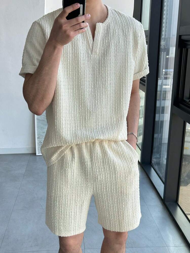 Men's Apricot Solid Color Short Sleeve T-Shirt And Shorts Set, Summer