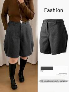 Franclia Culottes plissées en mélange tricoté grande taille pour femmes, design enveloppant, inspiré, poches, porter casual au quotidien, coupe ample, automne/hiver - Gris foncé - Voir 1