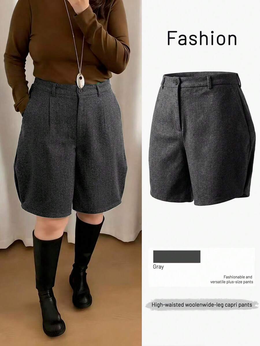 Franclia Culottes plissées en mélange tricoté grande taille pour femmes, design enveloppant, inspiré, poches, porter casual au quotidien, coupe ample, automne/hiver - Gris foncé - Voir 1