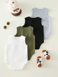 SHEIN 4Pcs Unisex Newborn Baby Boy/Girl White Summer Casual Graphic Sleeveless Romper Outfit Sets,Family Matching Slogan Print Bodysuit,Soft Vintage - Multicolor - View 2