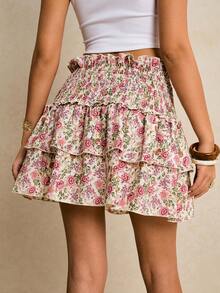 Poéselle Women's Summer Vacation Floral Print Paper Bag Waist Layered Ruffle Hem Skirt - Multicolor - View 7