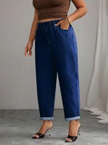 Elenzga Plus Size Solid Color Slant Pocket Elastic Waist Casual Versatile Jeans - Dark Wash - View 1
