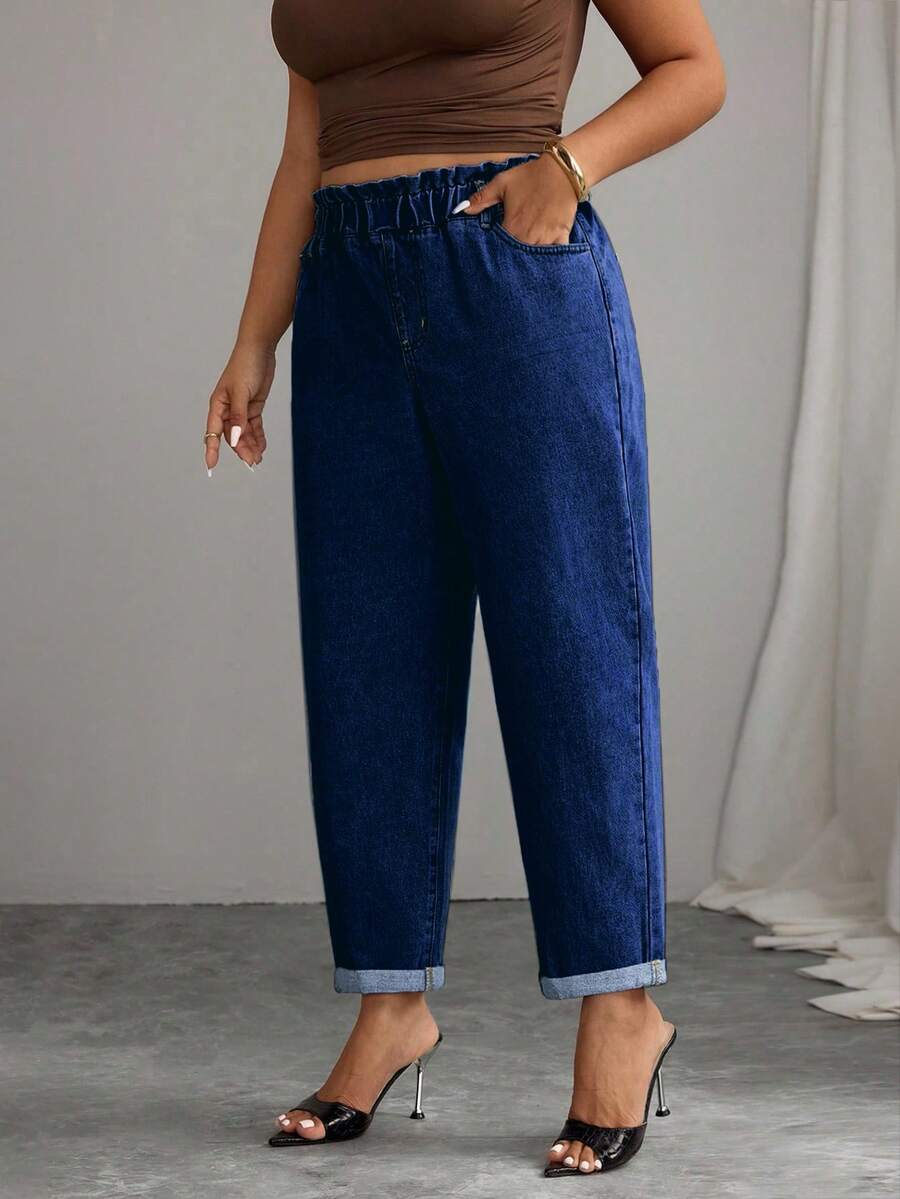 Elenzga Plus Size Solid Color Slant Pocket Elastic Waist Casual Versatile Jeans - Dark Wash - View 1