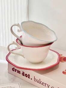 1 Set Embossed Wheat Pattern Ceramic Cup & Saucer, Vintage Baroque Nordic Wheat Design Coffee Cup & Saucer Set, French Afternoon Tea Dessert Cup & Saucer Set, Suitable For Restaurant, Living Room, Cafe - Multicolor - View 6