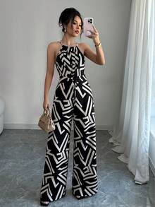 Elenzga Bộ jumpsuit nữ bằng vải in họa tiết, thắt eo, thanh lịch, thích hợp cho kỳ nghỉ và mặc hàng ngày. - Nhiều màu - Xem 3