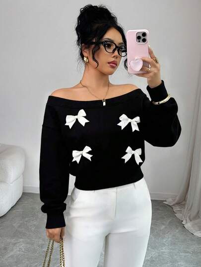 GlowEve Women's Bow Decor Drop Shoulder Long Sleeve Fashionable Sweatshirt
