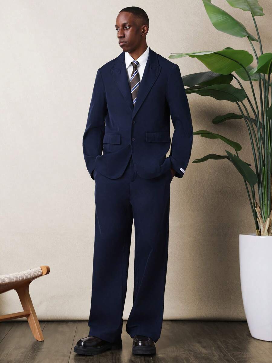 SUMWON Navy Two Piece Business Suit With Button Front Jacket And Matching Dress Pants For Professional Office Wear - Navy Blue - View 1