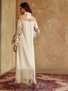 ZEYLAH 女士优雅印花露肩灯笼袖流苏下摆宽松中长连衣裙，度假风 - 杏色 - 查看 4