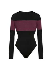 GlowEve 秋季新款休闲时尚拼接罗纹磨毛设计高端圆领常规肩部修身百搭长袖连体衣，适合春秋季日常穿着。 - 酒紅色 - 查看 4