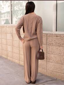 Andrea Bello Women's Khaki Crew Neck Long Sleeve Casual Sweater Top And Pants 2-Piece Set, Winter Outfit,Fall,Fall Clothes For Women - Khaki - View 2